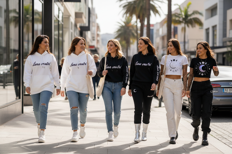 generate girls wearing same clothe with my logos on it and walking 