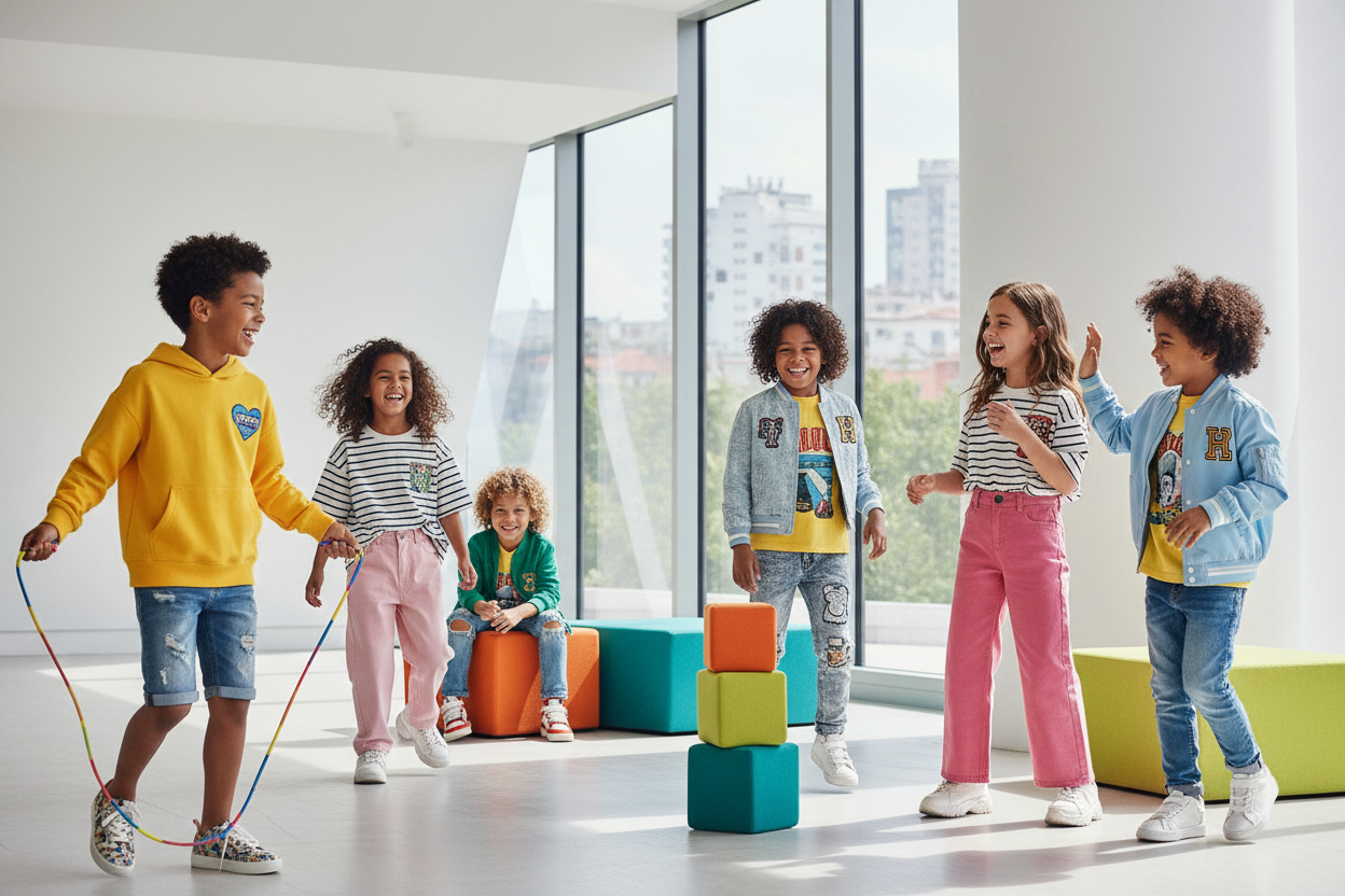 make me a image of kids wearing cloth with the picture i just select 